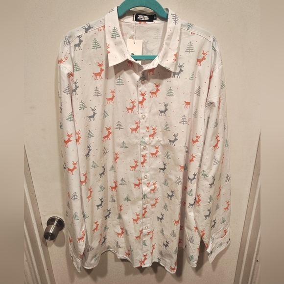 Jogal NWT Men's Christmas Reindeer Print Long Sleeve Button Down Shirt Sz 3XL - Picture 1 of 6